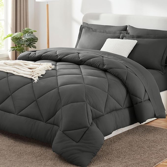 CozyLux Oversized Queen Comforter Set Dark Grey, 7 Pieces Bed in a Bag Comforter Set with Sheets Luxury Bed Set All Seasons, Bedding Set with Down Alternative Comforter, Sheets, Pillowcases & Shams