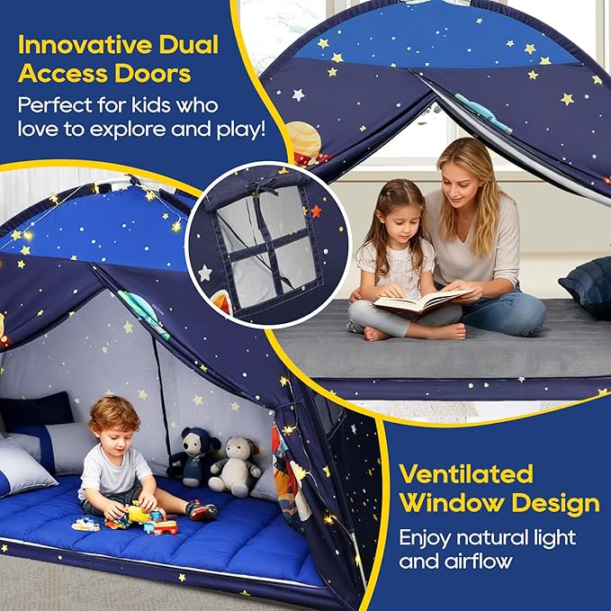 Twin Bed Tent Canopy, Space Indoor Blackout Privacy Toddler Bed Tent for Kids with Light, Portable Sleeping Floor Kids Playhouse (Blue)
