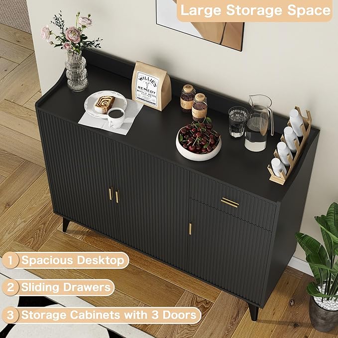 Sideboard Buffet Cabinet with Drawers: 47" Black Fluted Sideboard Cabinet with Drawers and 3 Doors, Modern Wood Credenza Storage Cabinet, Large Accent Cabinets for Living Room (47")