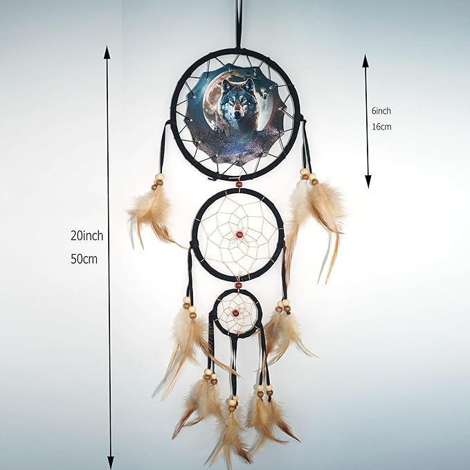 Remorelt Wolf Eagle Bear Dream Catcher Bedroom Wall Decor, Christmas Home Decoration, Room Accessory, White Moon Feather Decoration - Unique Home Craft Wall Pendant (DC24 6Inch Wolf W/Moon)