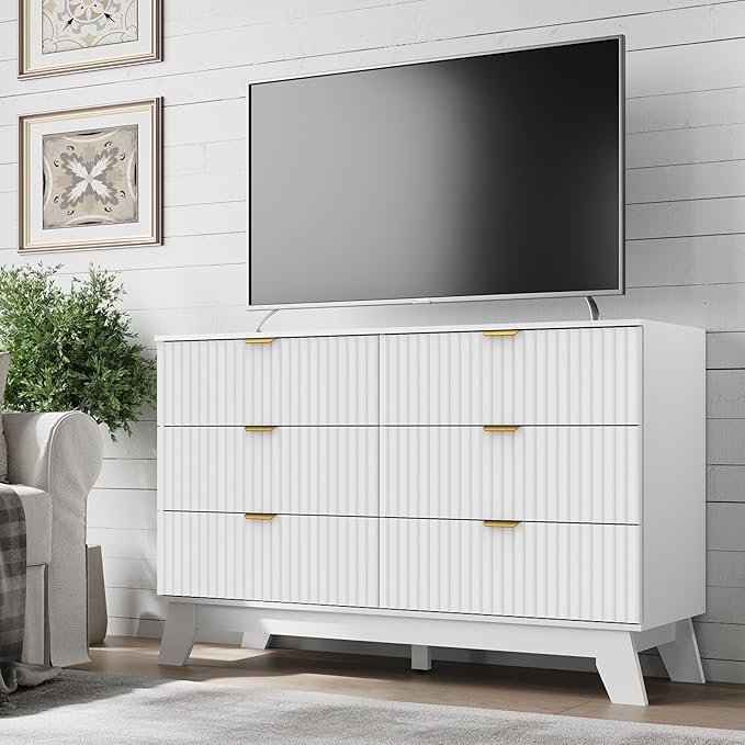 Fluted 6 Drawer Dresser, 47.2" Wide Modern Boho Chest of Drawers, Wooden Storage Dresser TV Stand for Bedroom, Living Room, Closet, Hallway, Curved Profile Design