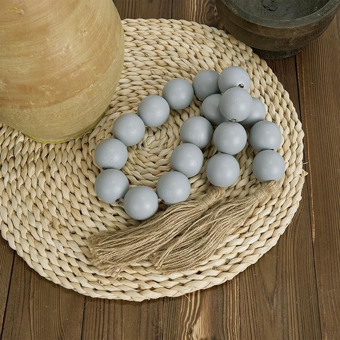 OMISHE Extra Large Wood Bead Garland Grey with 1.6" Diameter Wooden Beads and Tassels, 41" Long Rustic Farmhouse Country Decorative Beads for Home Farmhouse Decor, Grey