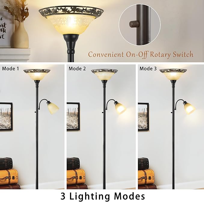 Torchiere Floor Lamps for Living Room, 70" Lamps for Living Room with Etched Glass Shade, Metal Pole & Heavy Base, Vintage Standing lamp Decor for Bedroom, Living Room, Office