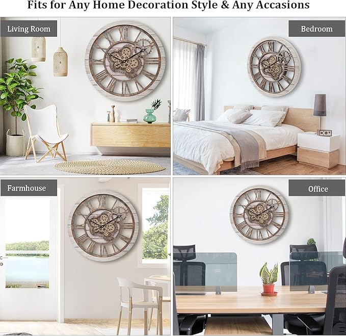 HOIBAI Large Wall Clock, Wall Clocks for Living Room Decor 20 Inch Farmhouse Vintage Rustic Kitchen Wall Decor Vintage Roman Oversized Wall Clock for Home Bedroom House Office, Moving Gears Clock
