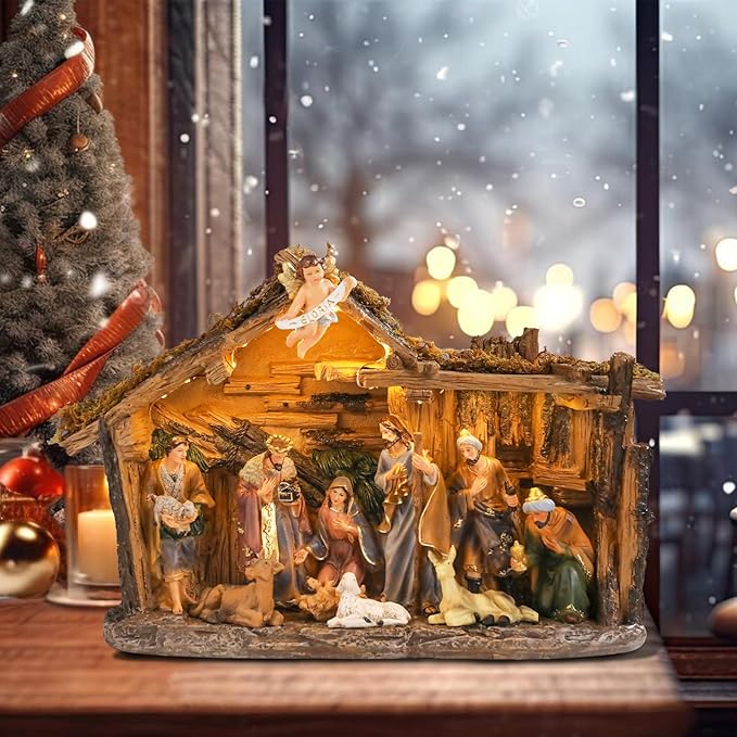 Taman Nativity Set with LED Light - Resin Figurines Tabletop Nativity Scenes Xmas Gifts Collectibles for Christmas Holiday Decorations