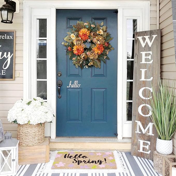 WANNA-CUL 24 Inch Spring Fall Wreaths for Front Door,Fall Wreath with Orange Hydrangea&Peony and Dahlia Flowers-Fall Decoration for Home-Large Fall Decor Door Wreath for Autumn,Harvest