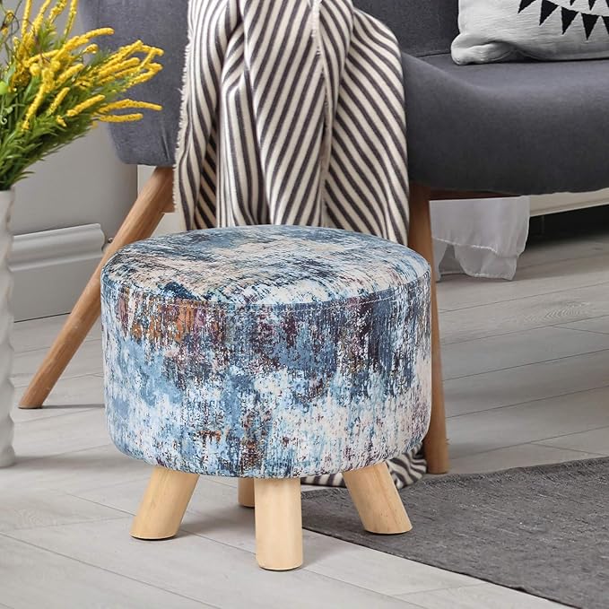 Asense Small Round Ottoman Foot Rest Stool Linen Padded Seat Footstool Ottoman with Anti-Slip Wooden Legs (Assorted Blue,Linen)