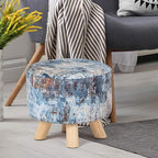 Asense Small Round Ottoman Foot Rest Stool Linen Padded Seat Footstool Ottoman with Anti-Slip Wooden Legs (Assorted Blue,Linen)