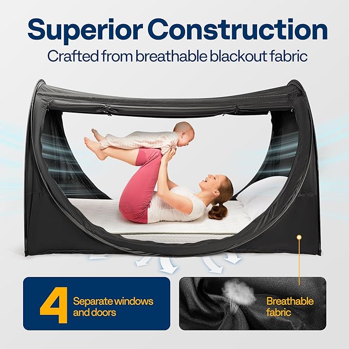 VIVOHOME Pop-Up Bed Tent Twin Size, Privacy Bed Canopy with 4 Doors and Mosquito Mesh, Breathable All Black Sleeping Tent for Kids and Adults