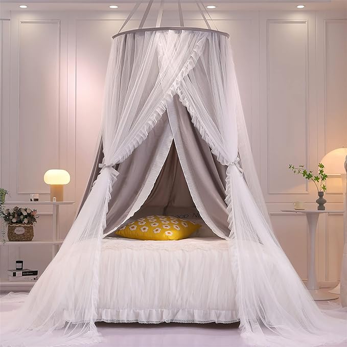 VETHIN Double Layer Princess Round Dome Canopy Bed Curtain for Girls Adults,Children Dreamy Mosquito Net,Cute Bedroom Decoration Castle Play Tent Reading Nook Canopies(Dome-Grey/White)