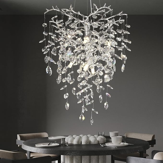 Silver Crystal Tree Branches Chandelier,21 Inchs 6 Lights Modern Round K9 Crystal Chandeliers for Dining Room, Bedroom, Living Room, Foyer,Kitchen Island,Bathroom