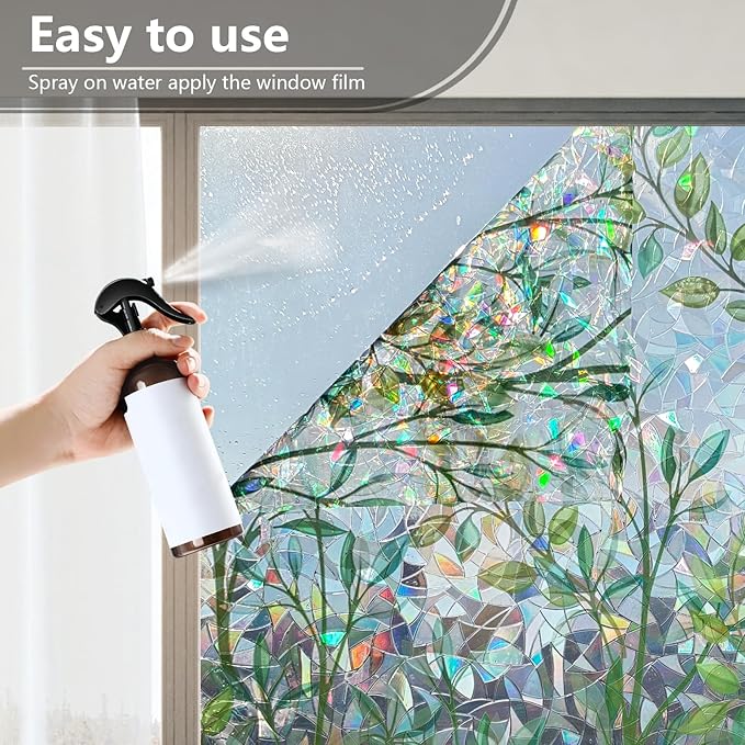 LEMON CLOUD Window Privacy Film Static Clings Decorative Leaf Rainbow Window Sticker Non-Adhesive Decals for Glass with Tools,23.6 x 78.7 Inch