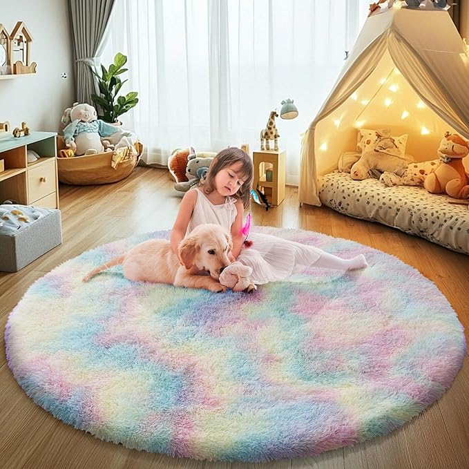 Rainbow Fluffy Round Area Rugs for Bedroom,6'X6'Shag Circle Area Rugs for Girls Room,Non Slip Fuzzy Plush Rug for Kids Room Living Room and Dorm Home Decor Rug
