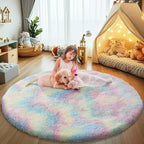 Rainbow Fluffy Round Area Rugs for Bedroom,4'X4'Shag Circle Area Rugs for Girls Room,Non Slip Fuzzy Plush Rug for Kids Room Living Room and Dorm Home Decor Rug