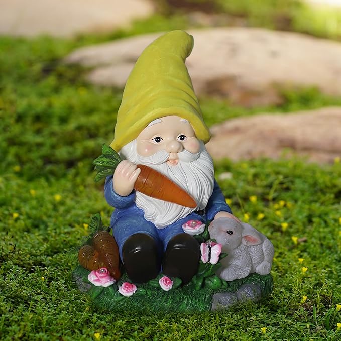 Solar Garden Outdoor Statues Gnome Feeding Rabbit with 6 LED Solar Figurine for Lawn,Patio,Balcony,Yard Decor Unique Housewarming Gift, for Grandfather, Father,Grandma