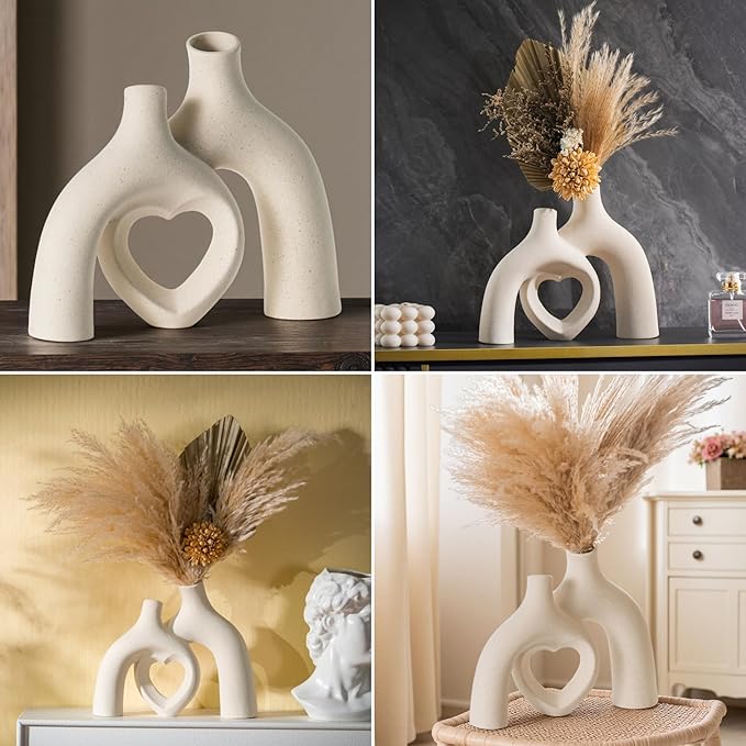 Snuggle Hollow Ceramic Decorative Vase, Modern Minimalist Nordic Boho Ins Style Vases for Home Decor Living Room Shelf Entryway Coffee Table or Console Décor (Matte Milky White)