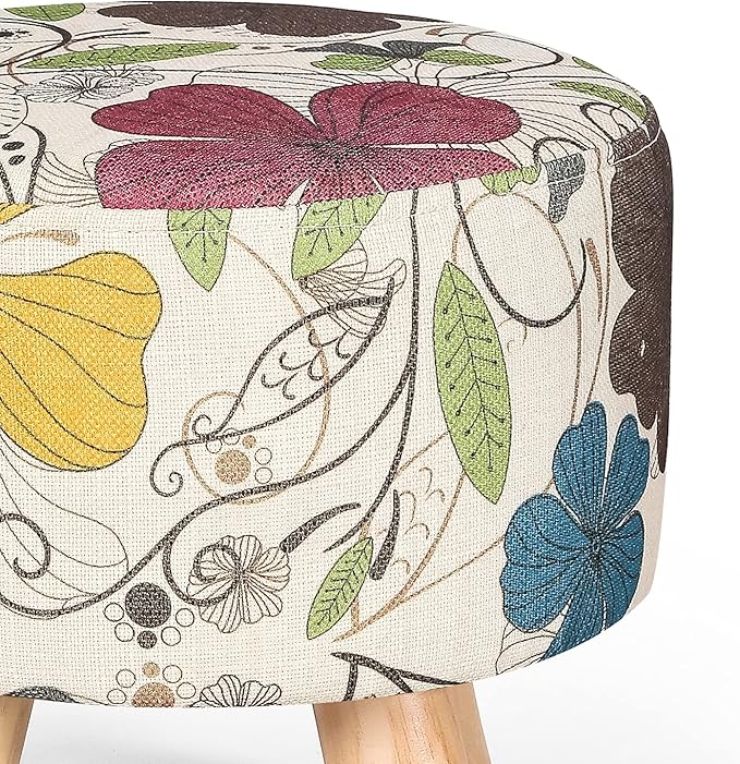 Asense Small Round Ottoman Foot Rest Stool Linen Padded Seat Footstool Ottoman with Anti-Slip Wooden Legs (Flower,Linen)