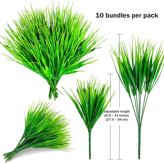 10 Bundles Artificial Grass Plants,Outdoor Faux Grass Plant UV Resistant Fake Plastic Wheat Grass for Indoor Outdoor Fake Realistic Grass for front porch yard patio balcony Garden Decoration- Green
