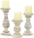 Deco 79 Mango Wood Decorative Candle Holder Turned Style Pillar Candle Stand, Set of 3 Candlestick Holder 6", 8", 10"H, Cream