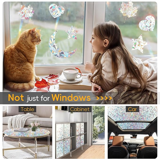 Rainbow Window Privacy Film Decorative, Stained Glass Window Tint for Home, 3D Decals Window Clings for Glass Windows, Static Cling Window Sticker, Suncatcher Window Cover, 45.2 Inch x 78.74 Inch