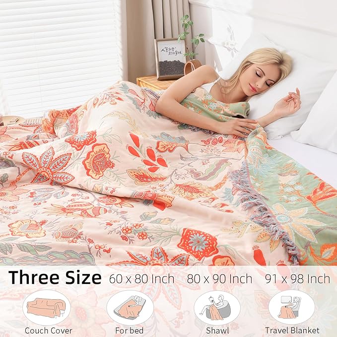 Boho Throw Blanket for Bed - 100% Pure Cotton Ultra Soft Rustic Quilt - Farmhouse Decor Bed Blankets, All Season Rustic Throw for Sofa Couch Chair(60''×80'', Floral)