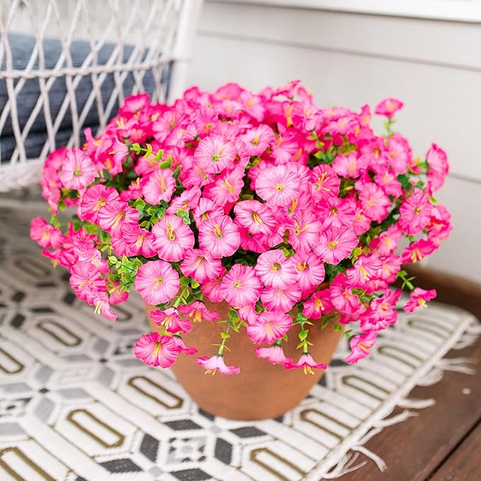 HyeFlora Artificial Flowers for Outdoors Fake Plants Outside Decoration, 12 Bundles Silk Pink Morning Glory with Eucalyptus UV Resistant Look Real Faux Flowers for Planter Front Door Yard Gardens Home