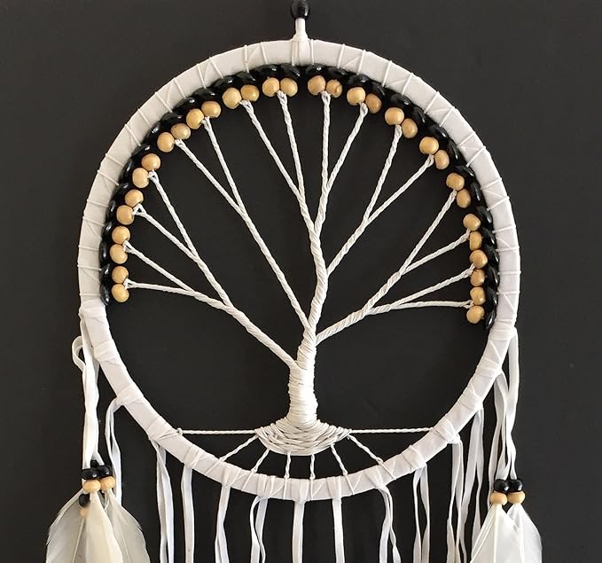 OMA Dream Catcher, Tree of Life Design with Feathers and Beads, White Suede Authentic Traditional Dream Catcher Boho Home Decor Bedroom Decoration Gift - Large Size - 36" Long x 11" Diameter (Black)
