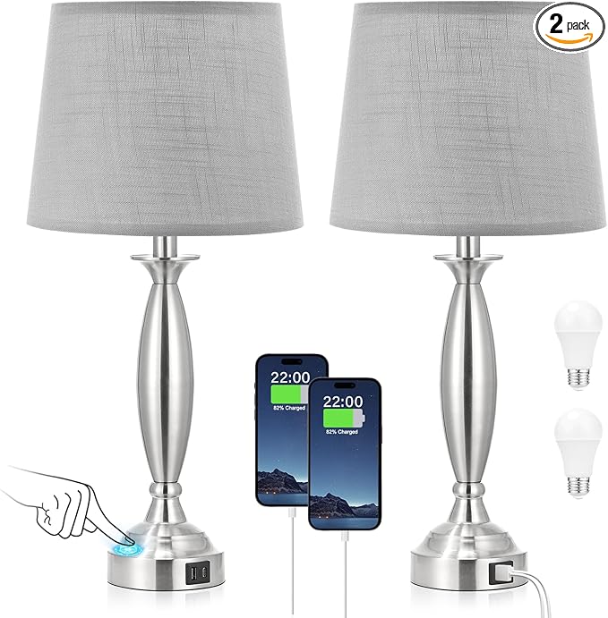 Lamps for Bedrooms Set of 2 - Touch Bedside Lamp with USB C+A, 3 Way Dimmable Nightstand Lamps with USB Port, Brushed Nickel Table Lamp for Living Room Guest Room Bed Side End Table(Mottled Gray)