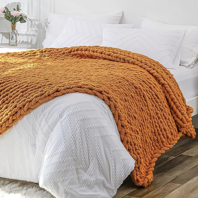Bigacogo Chunky Knit Throw Blanket for Couch, 40x80 inches, 100% Hand Knitted with Thick Jumbo Chenille Yarn, Cozy Soft Large Rope Knot Cable Crochet Blankets for Sofa Bed Living Room, Burnt Orange