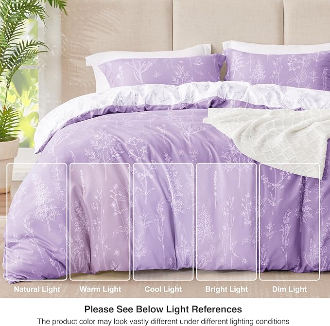 Love's cabin Lavender Comforter Set King - King Size Comforter Set, 3 Pieces Cute Floral Bedding Sets for All Seasons,1 Soft Reversible Botanical Flowers Comforter and 2 Pillow Shams