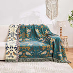 Boho Throw Blanket, 100% Cotton Ultra Soft Luxury Throw Rustic Quilt, 60"x80" Floral Printed Farmhouse Decor Bed Summer Blankets, All Season Rustic Reversible Bohemian Throw for Bed - Blue