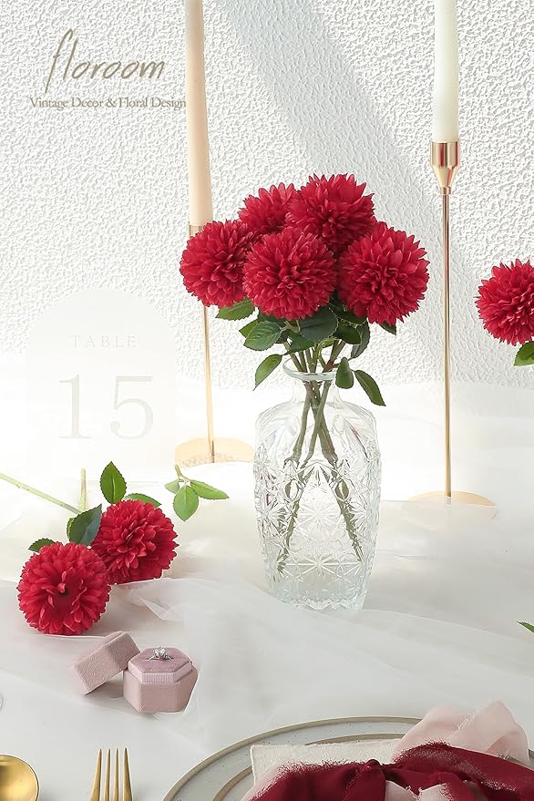 Floroom 12pcs Dark Red Faux Silk Mums Artificial Flowers Bulk Fake Chrysanthemums with Stems for DIY Wedding Table Centerpieces Floral Arrangements Vase Fillers Home Decorations