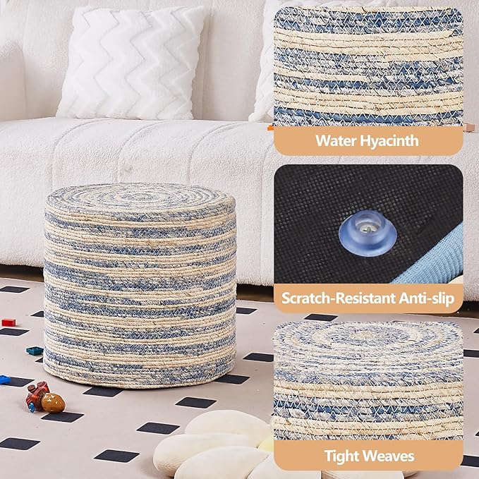 Wimarsbon 18'' Ottoman Pouf, Natural Braided Poof, Rustic Handweave Lounge Pouffe, Boho Footrest Stool for Bedroom, Accent Table for Living Room (Blue Corn Husk)