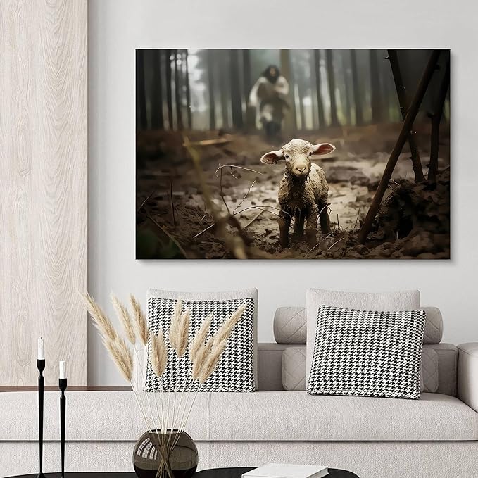 Framed Jesus Christ Wall Art Canvas Jesus and Lamb of God Christian Painting Prints Biblical Wall Decor Religious Room Decor for Church Prayer Room Christian Schools Hospitals 24'' x 36''