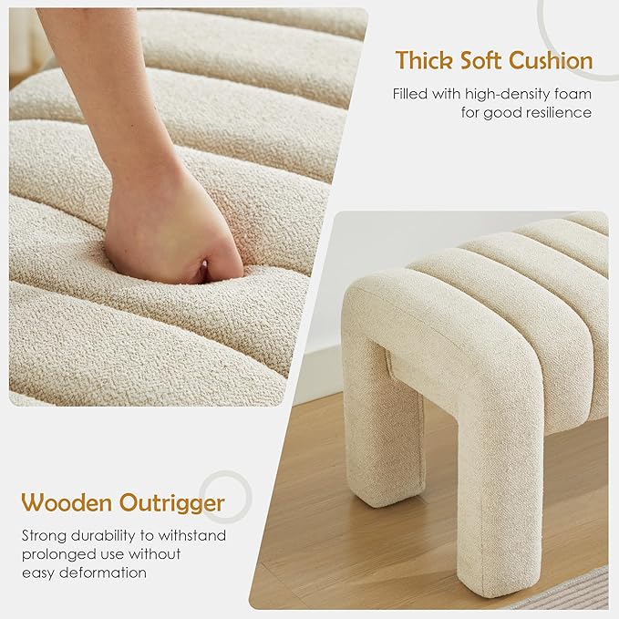 43.3" Bedroom Bench, Upholstered Entryway Bench, Modern End of Bed Ottoman with Solid Wood Legs and Adjustable Foot Pegs for Entryway, Dining Room and Living Room (Beige Linen)