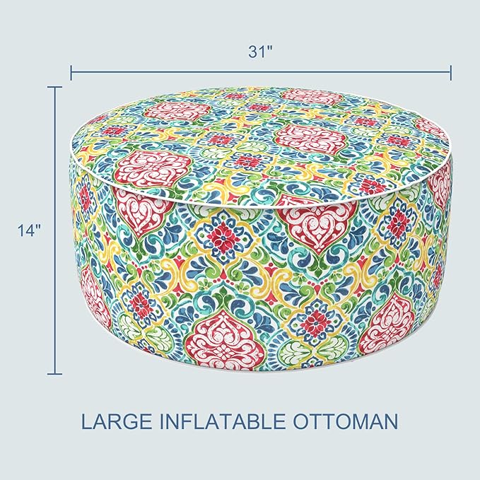 LVTXIII Indoor/Outdoor Inflatable Ottoman, D31 x H14 Inch Large Round Ottoman, All Weather Foot Rest Stool, Portable Footrest for Patio, Garden, Camping and Home - Damask Red