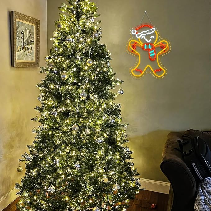 WLHOPE Gingerbread Man Neon Sign Santa Hat Neon Signs For Wall Decor Gingerbread Christmas Decorations Led Lights For Party Bar Club Bedroom Living Room Restaurant Shop Gifts USB Powered 16.14x12.6in