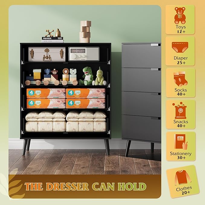 WLIVE 4 Drawer Dresser for Bedroom, Black Tall Dresser, Modern Wood Dressers with Sturdy Metal Handle, Small Chest of Drawers for Living Room, Hallway