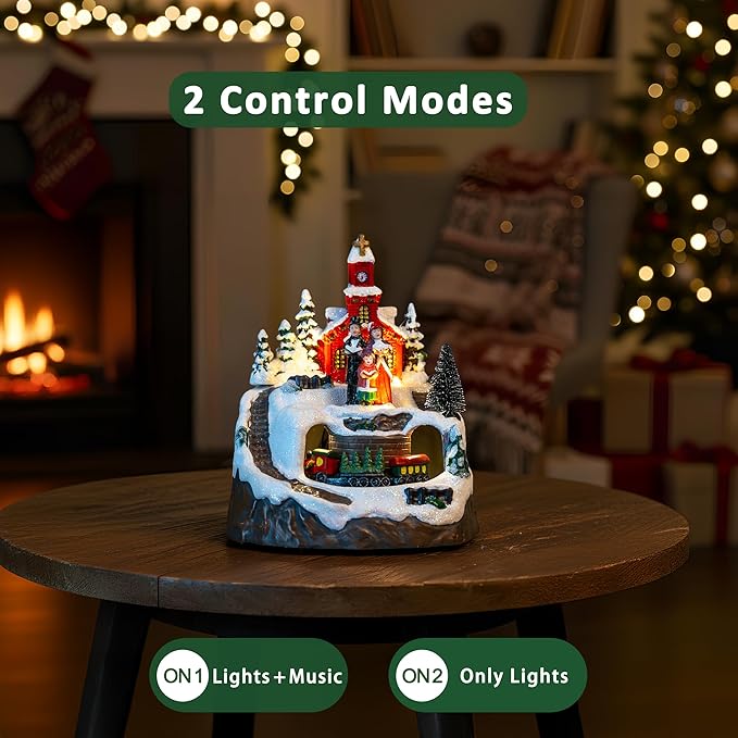 Animated Musical Christmas Village Figurines Christmas Collectibles Statues Church Building and Carolers with Rotating Train LED Lights, Battery & USB Home Decor Gifts Festive Holiday Decorations