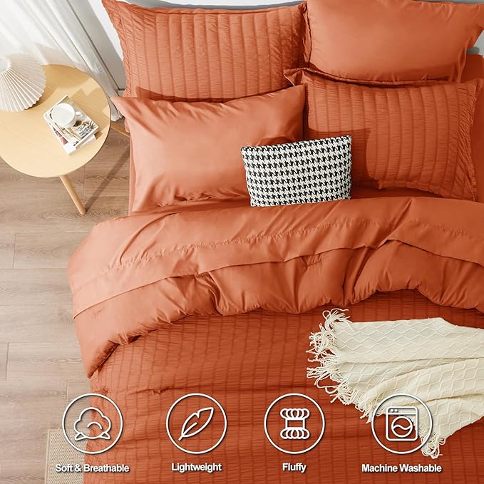 CozyLux Full Size Comforter Sets with Sheets Seersucker 7 Pieces Burnt Orange Bed in a Bag Luxury Terracotta Bedding Set with Down Alternative Comforter, Sheets, Pillowcases & Shams for All Seasons
