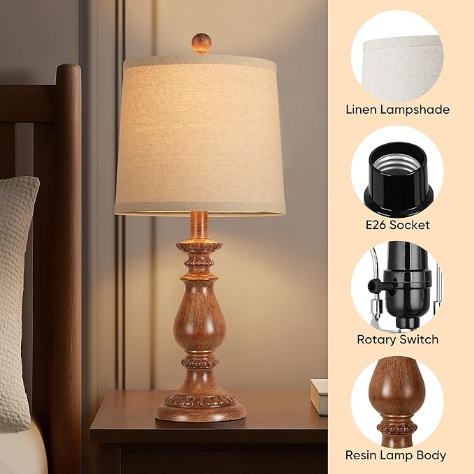 QiMH Farmhouse Table Lamp Set of 2, Rustic Table Lamps for Living Room, Vintage Nightstand Lamp with Rotary Switch, Beside Lamps for Bedroom, Traditional Table Lamps with Linen Shade, Wood Grain