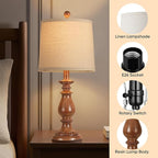 QiMH Farmhouse Table Lamp Set of 2, Rustic Table Lamps for Living Room, Vintage Nightstand Lamp with Rotary Switch, Beside Lamps for Bedroom, Traditional Table Lamps with Linen Shade, Wood Grain