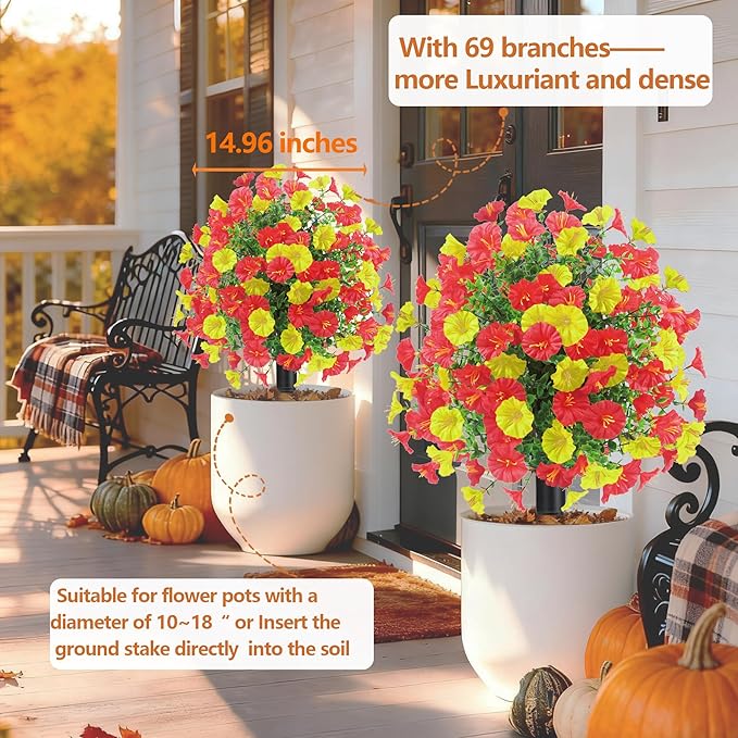 22.8" Set of 2 Fall Artificial Boxwood Topiary Ball Tree for Outdoors with Spike UV Resistant Fake Shrubs Outdoor with Morning Glory Flowers,Faux Plants Bushes for Garden Porch Yard Patio Decor-YR