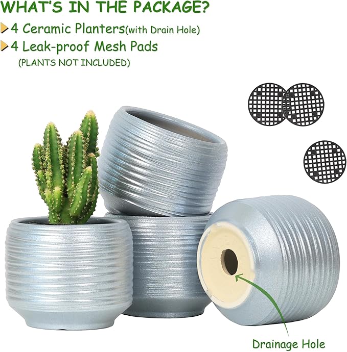 Mini Succulent Planter Set – 3.7 Inch Ceramic Pots with Drainage for Indoor Plants, Small Decorative Flower Pots for Cactus and House Plants, Set of 4