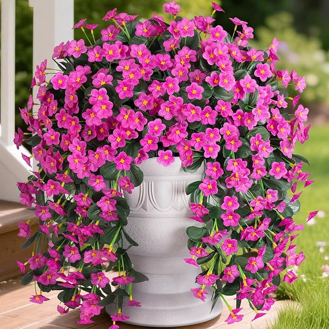 Artificial Fall Fake Hanging Flowers Plants for Outdoor Outside, 2 PCS Faux Silk Daisy Mums Fuchsia Orchid Long Vines UV Resistant Look Real for Home Porch Patio Window Planter Decoration