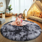 Tie-Dyed Black Fluffy Round Rug,Soft Area Rugs for Girls Room,Shaggy Rugs 3'X3' for Living Room,Non Slip Circle Rug for Kids Bedroom,Shag Plush Nursery Rug,Plush Carpet for Dorm,Cute Furry Room Decor