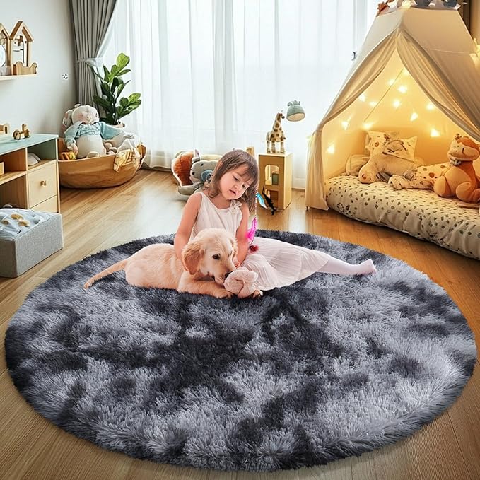 Tie-Dyed Black Fluffy Round Rug,Soft Area Rugs for Girls Room,Shaggy Rugs 3'X3' for Living Room,Non Slip Circle Rug for Kids Bedroom,Shag Plush Nursery Rug,Plush Carpet for Dorm,Cute Furry Room Decor