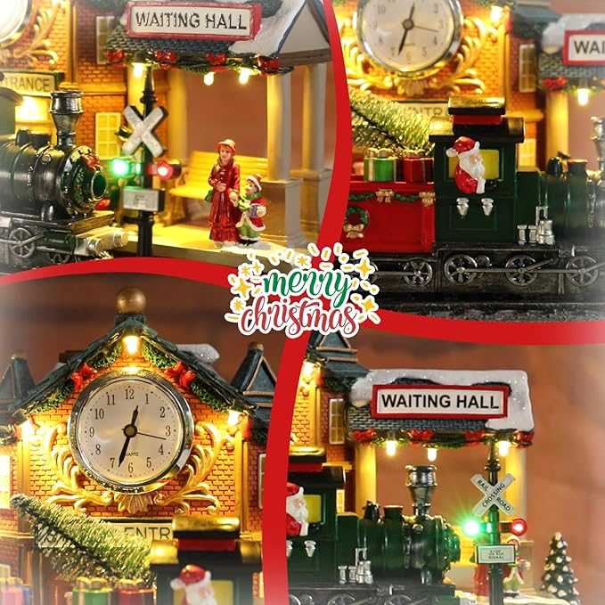 Bdor Christmas Train Station Decoration – Lighted Animated Holiday Village Scene with Train, Clock Tower & Waiting Hall – Plug-in Resin Christmas Tabletop Ornament – 9.8"x5.5"x7.9"