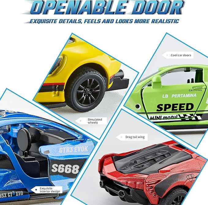 KIDAMI Pull Back Cars for Kids, Die Cast Metal Toy Cars Playset with Door Openable, Vehicles Race Toys for Toddlers, Boys, Girls’ Educational Play (4 Pack)