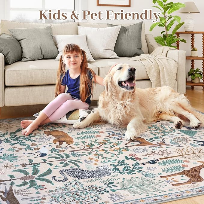 OJIA Jungle Print Washable Area Rugs 5x7, Soft Modern Rugs for Living Room Ultra-Thin Non-Shedding Bedroom Rug, Stain Resistant Neutral Area Rug Large Carpet for Dining Room Kids Nursery Playroom